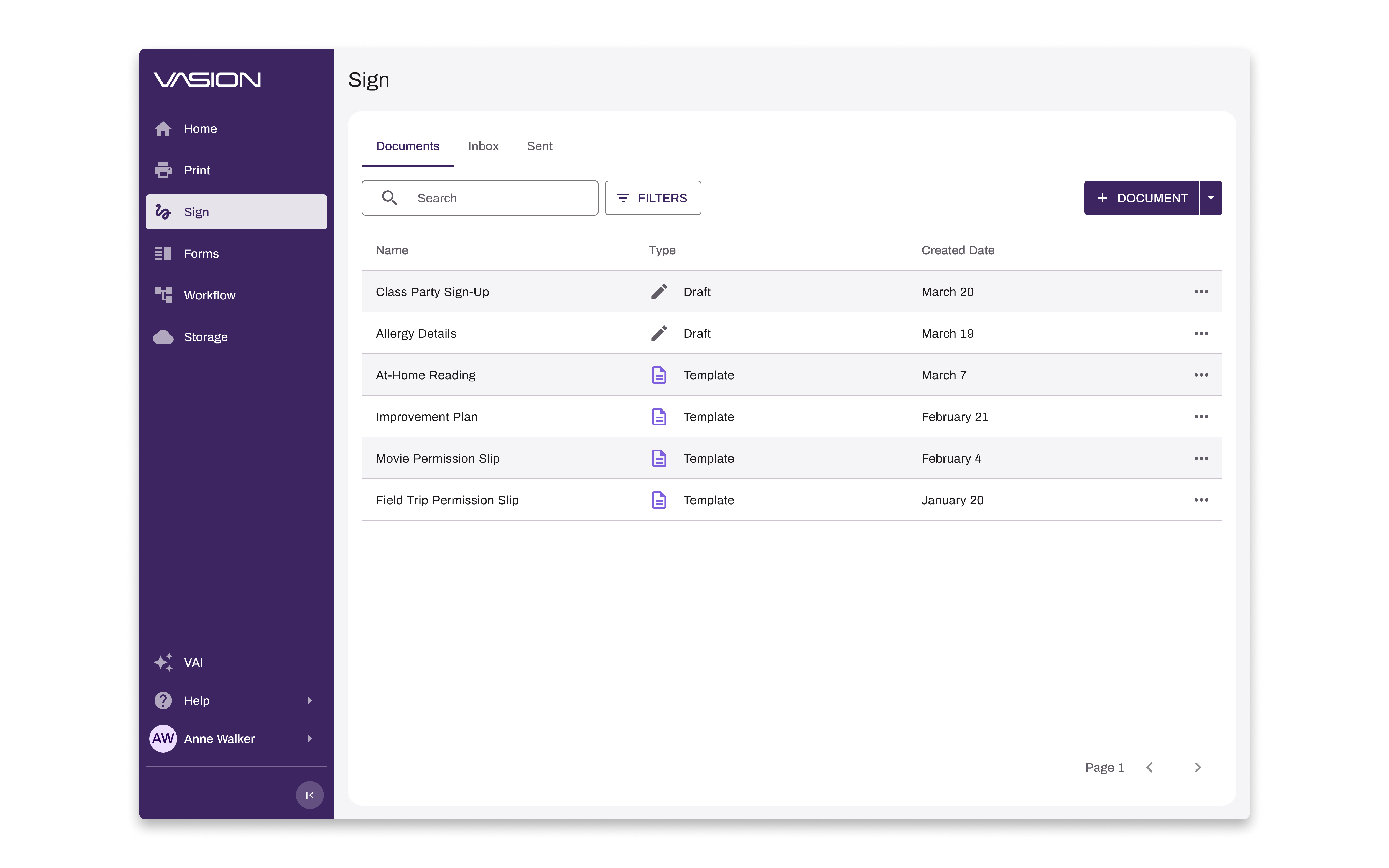 Vasion Automate landing page with the navigation drawer expanded.