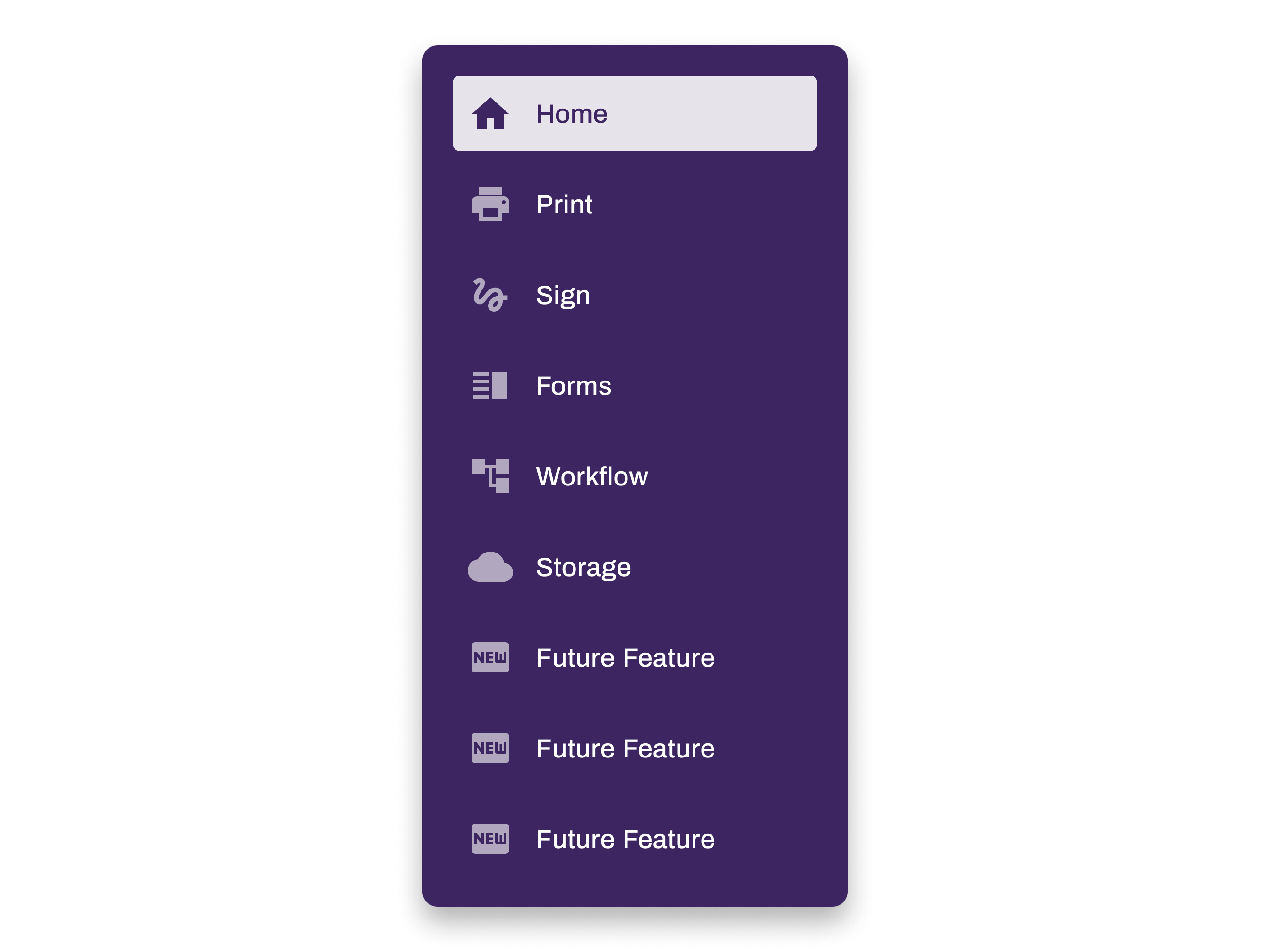 Navigation drawer with multiple items, showing how the layout can grow as new features are added.