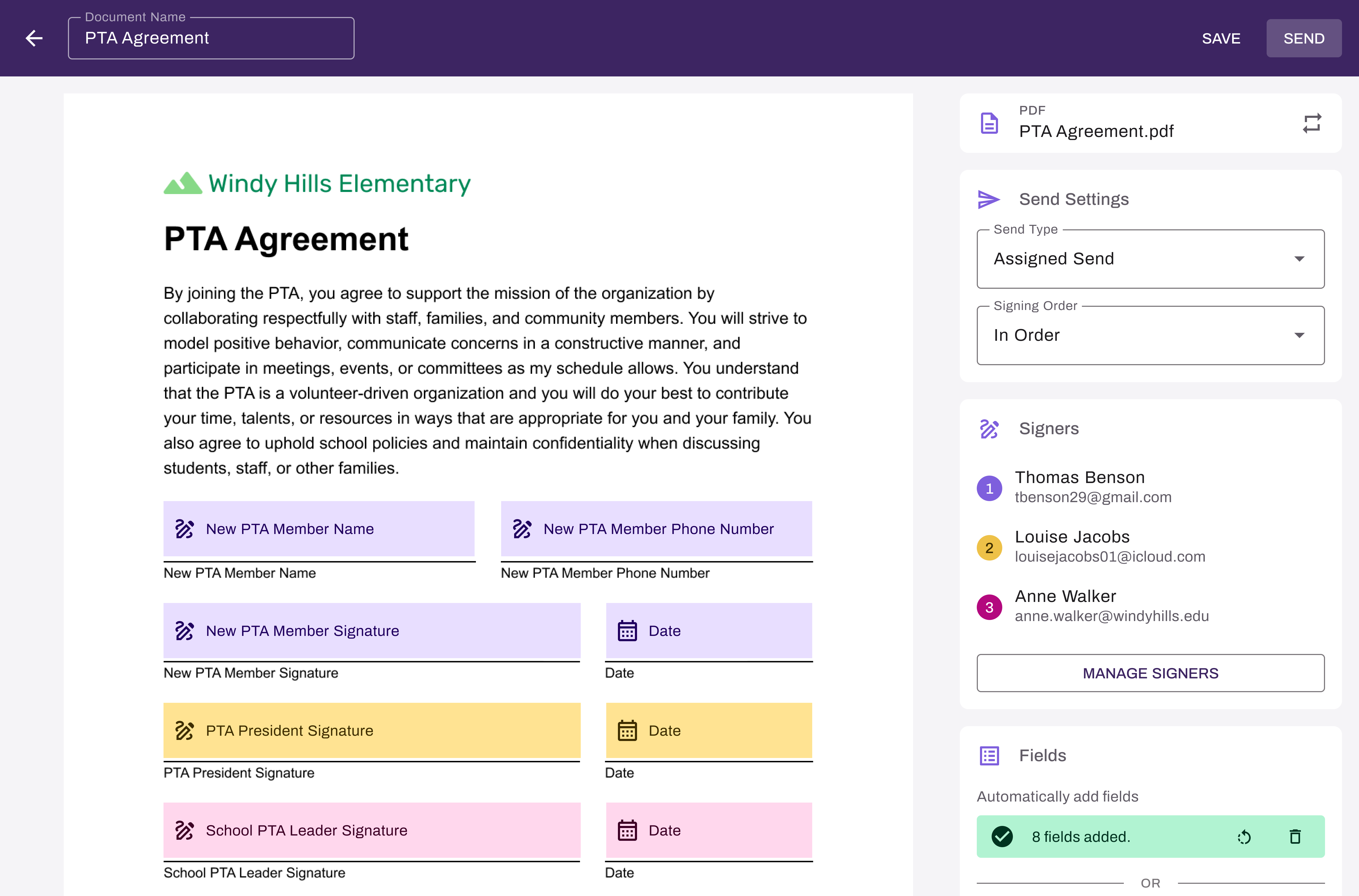 Vasion Sign — document builder with configured signers, ready to send for e-signature.