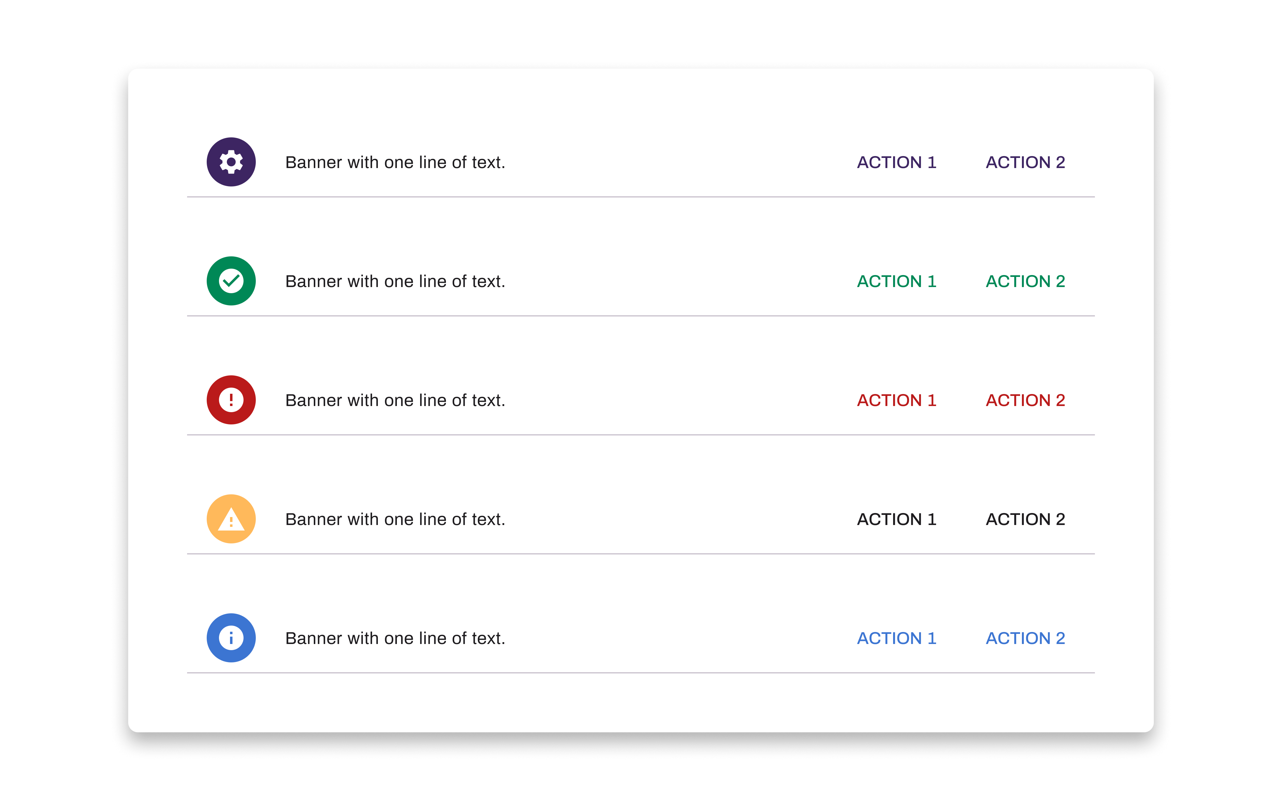 Five banner types from neutral to error, each with paired action buttons.
