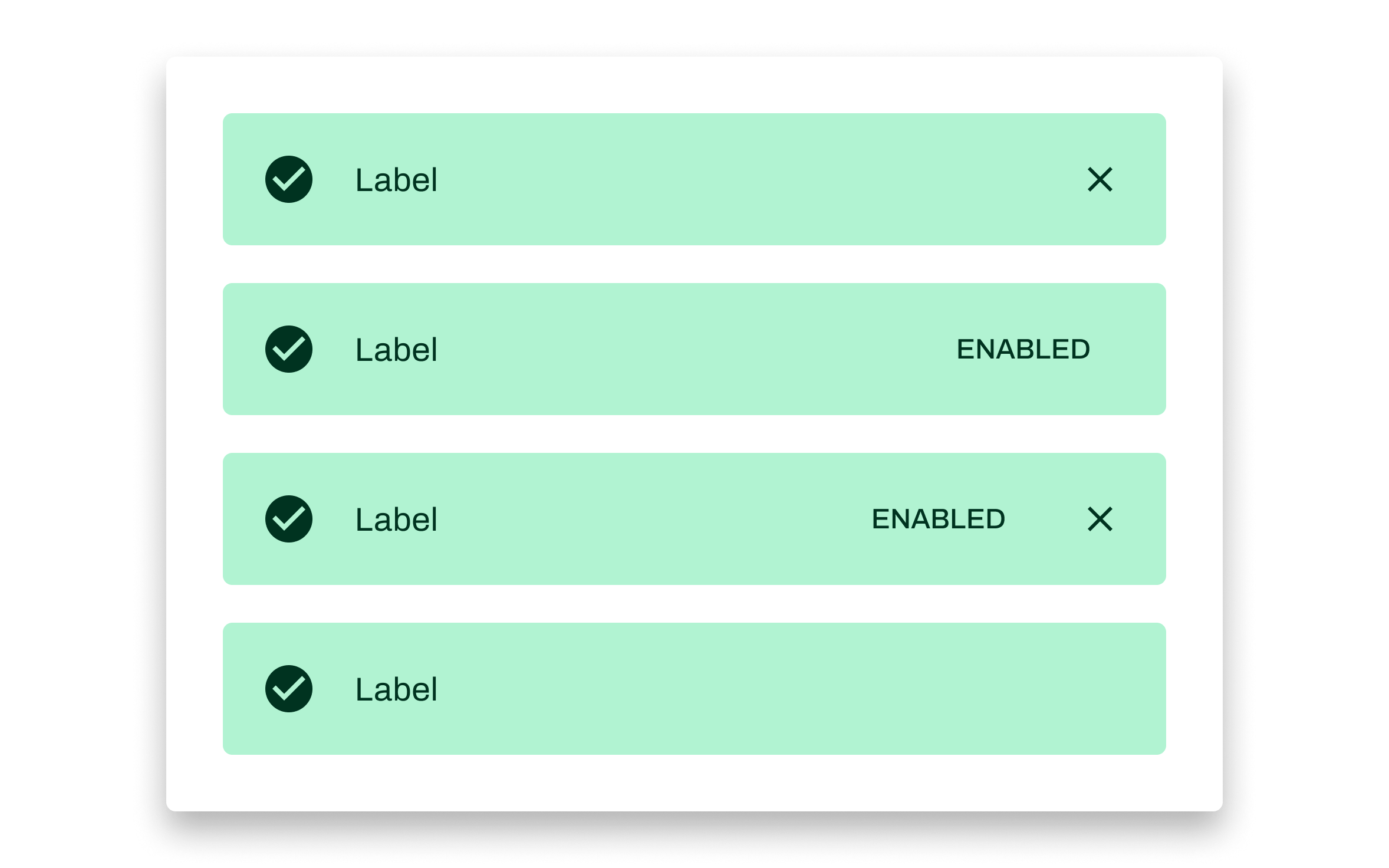 Alert component layout variants with action buttons, status labels, and dismiss controls.