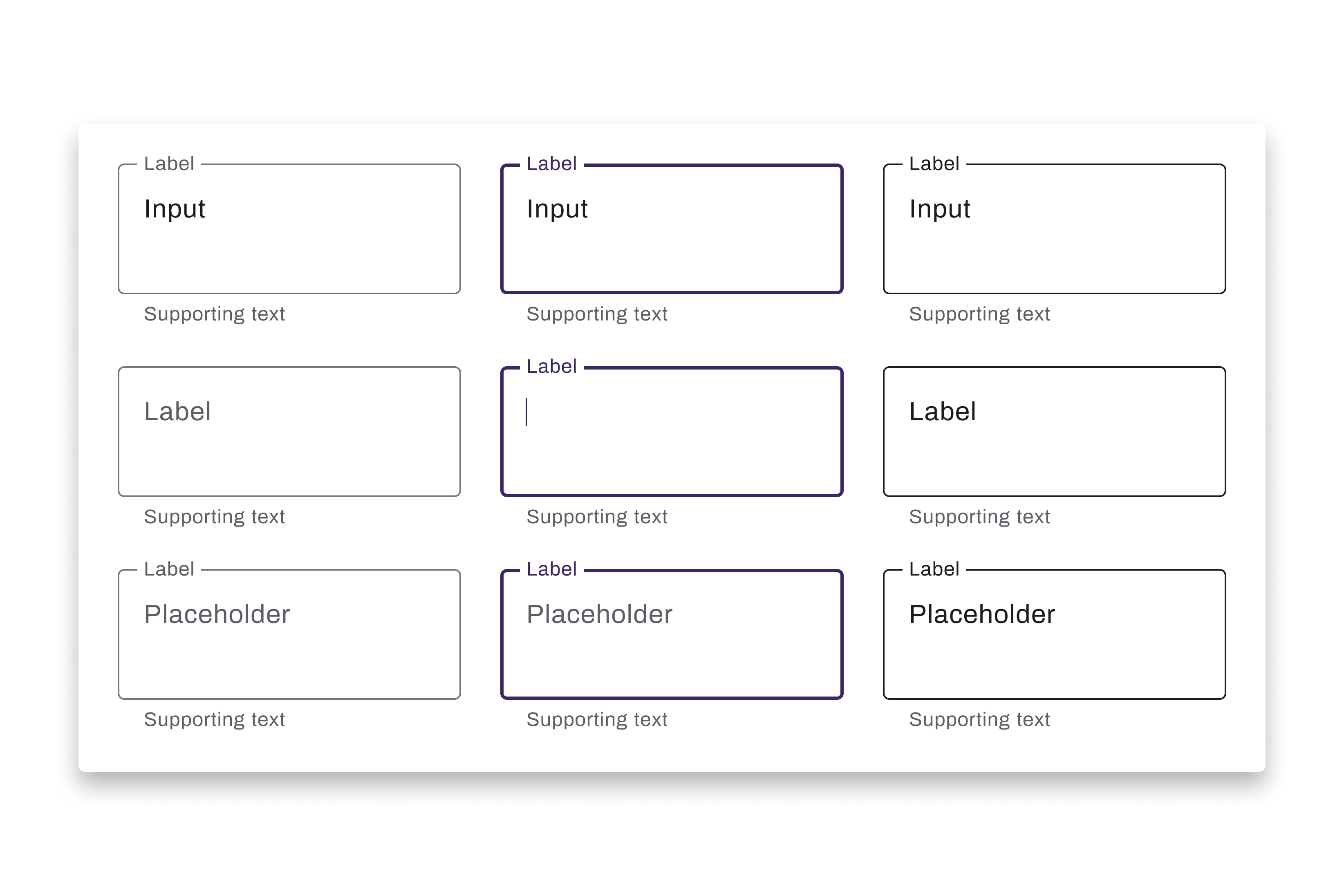 Text area component variants showing input, label, and placeholder states.