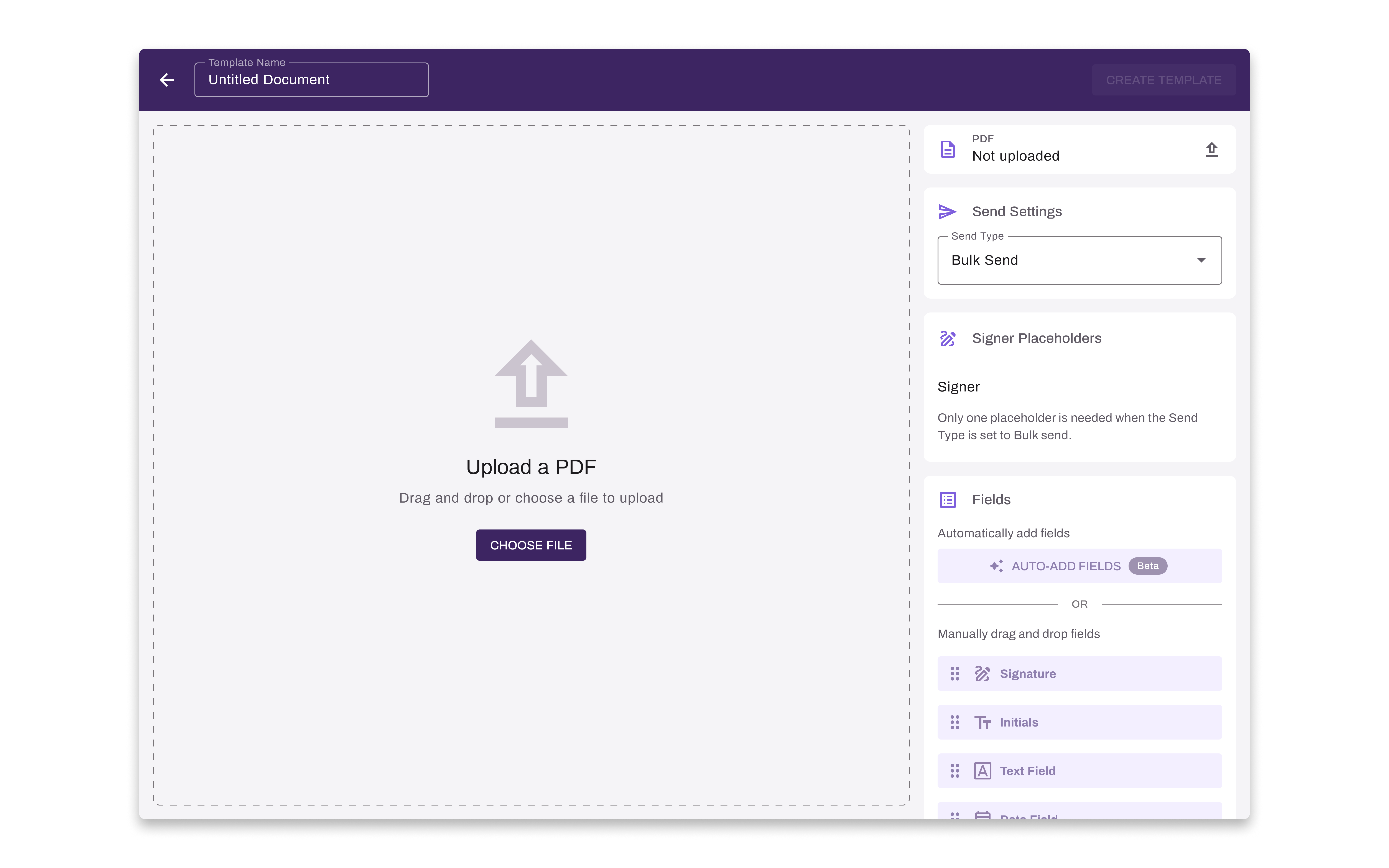 Vasion Sign document builder in its empty state, before any fields have been placed on the document.