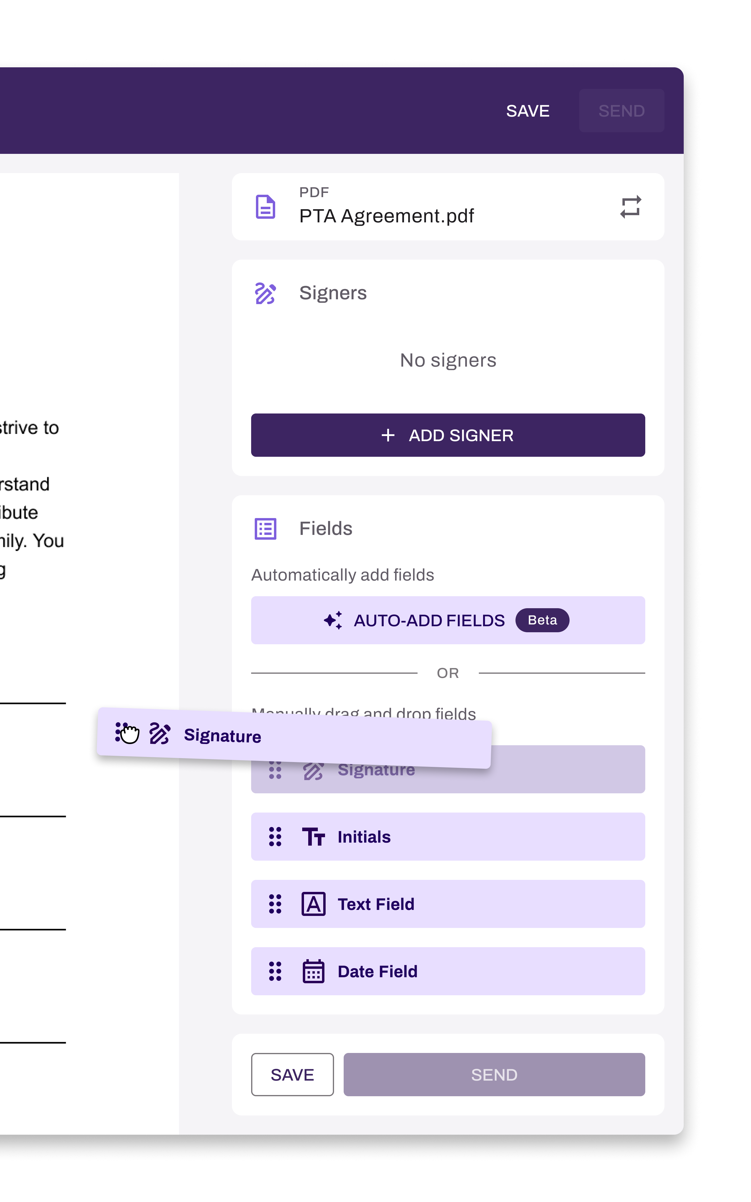 Dragging and dropping fields onto a document in the Vasion Sign builder.