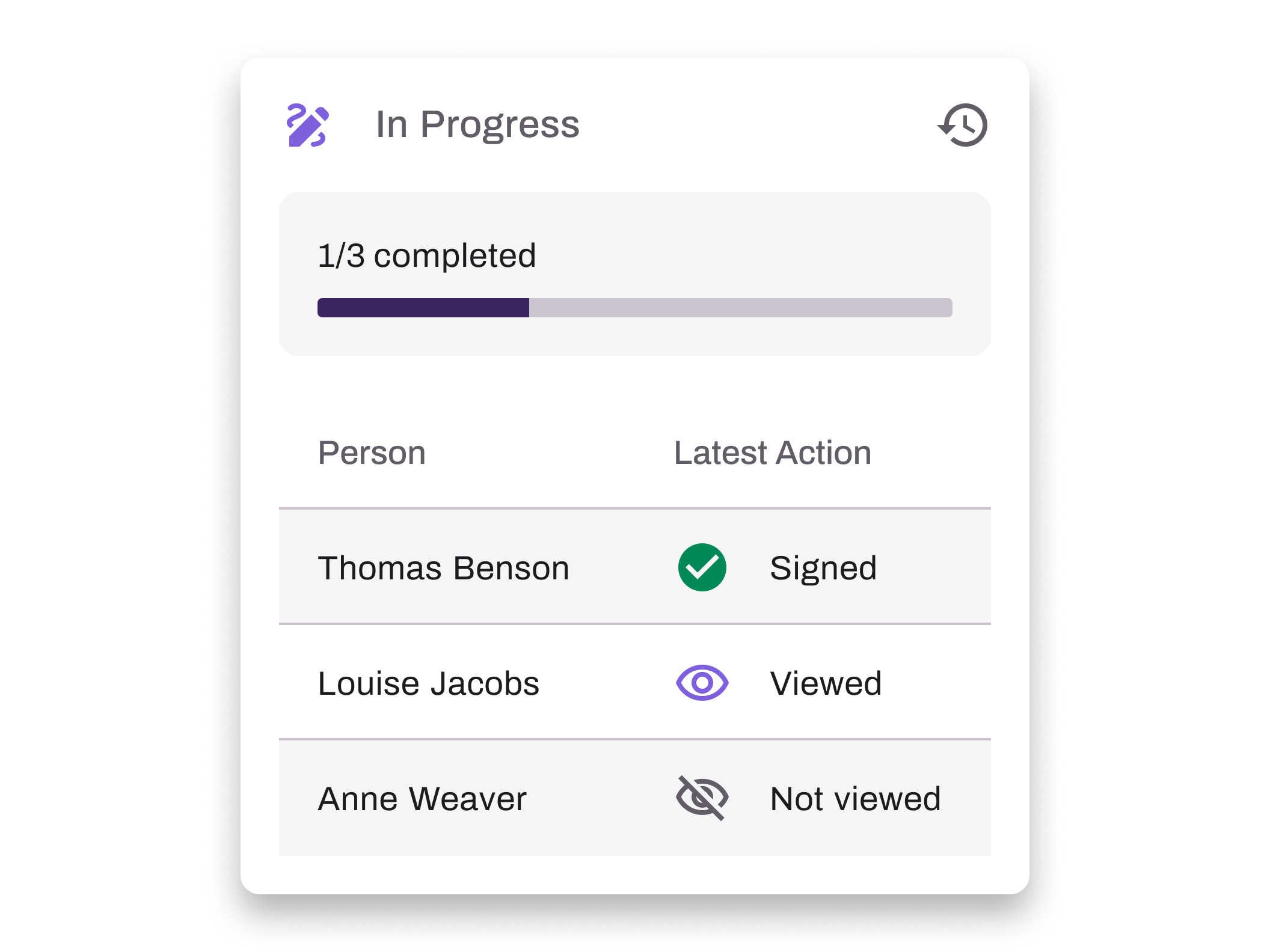 Keeping track of a sent document is easy by checking its status.